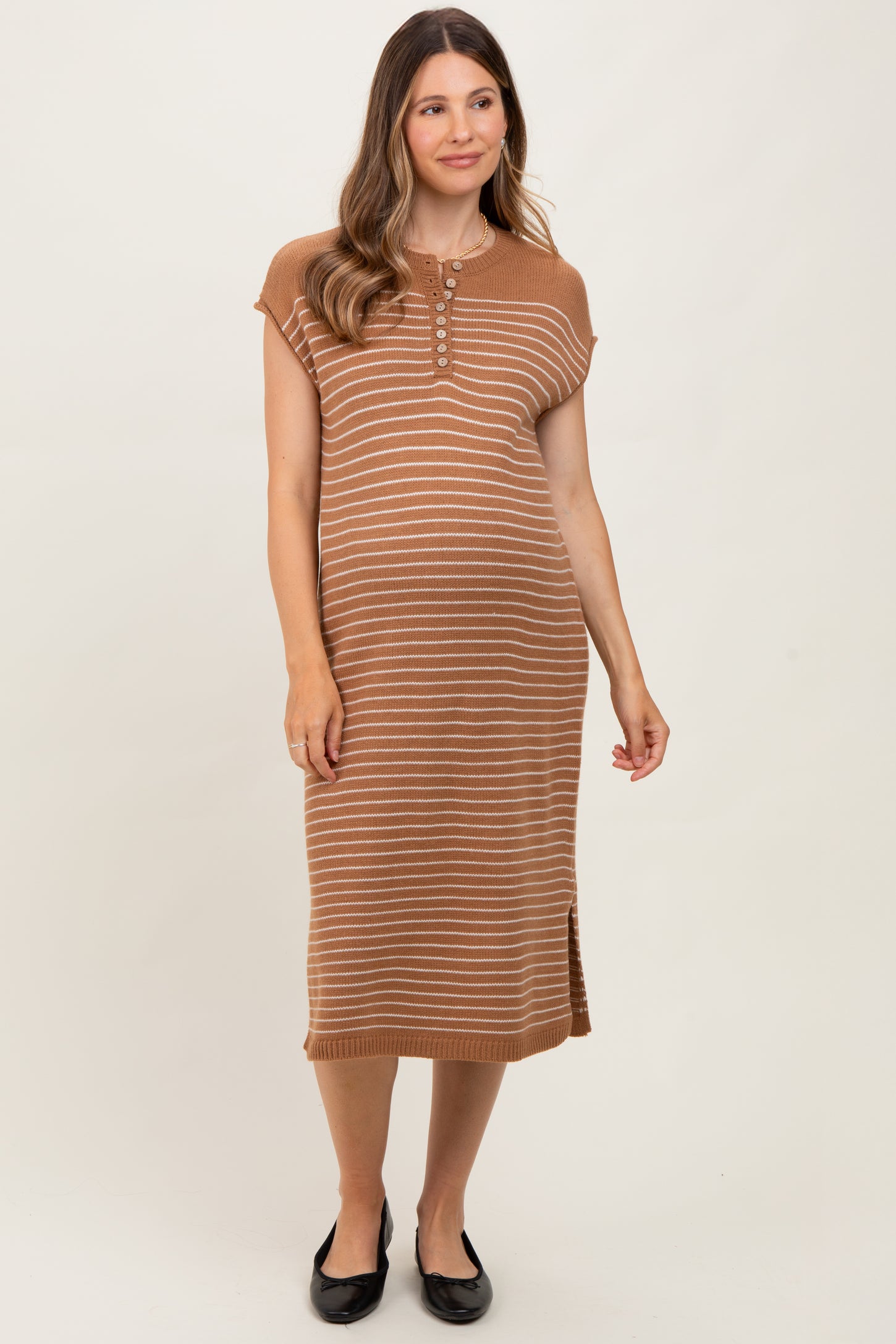 Mocha Striped Knit Button Detail Maternity Midi Dress