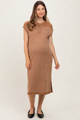 Mocha Striped Knit Button Detail Maternity Midi Dress