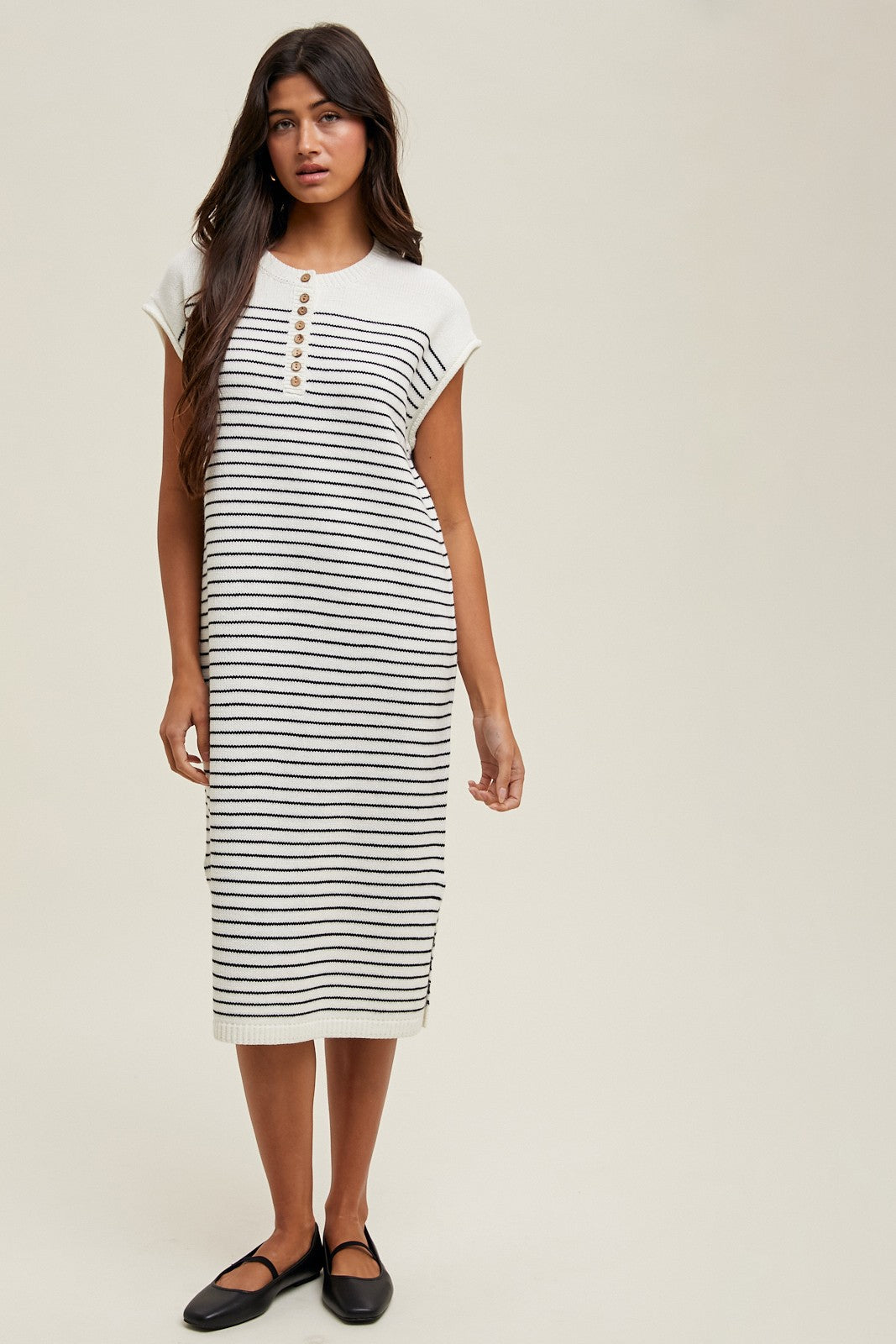White Striped Knit Button Detail Midi Dress