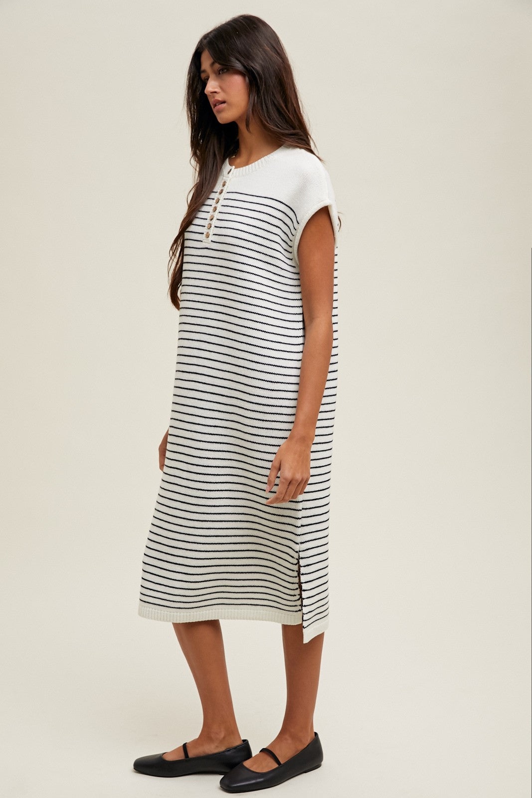 White Striped Knit Button Detail Midi Dress
