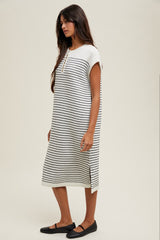White Striped Knit Button Detail Midi Dress