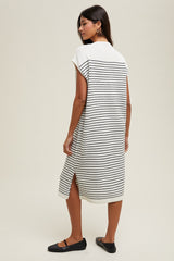 White Striped Knit Button Detail Midi Dress