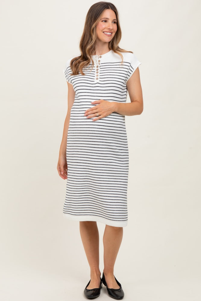 White Striped Knit Button Detail Maternity Midi Dress