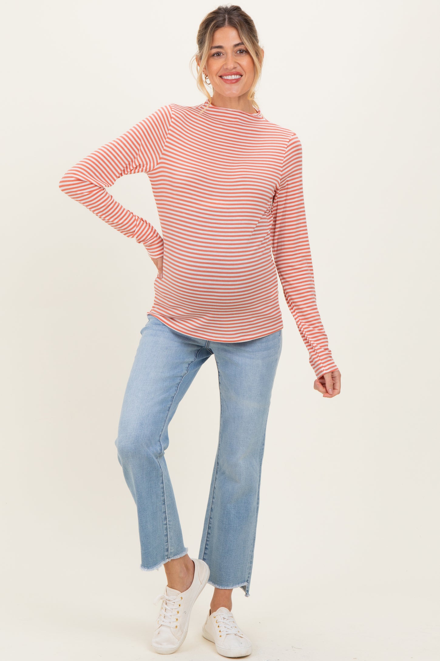 Rust Striped High Neck Maternity Long Sleeve Top