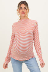 Rust Striped High Neck Maternity Long Sleeve Top