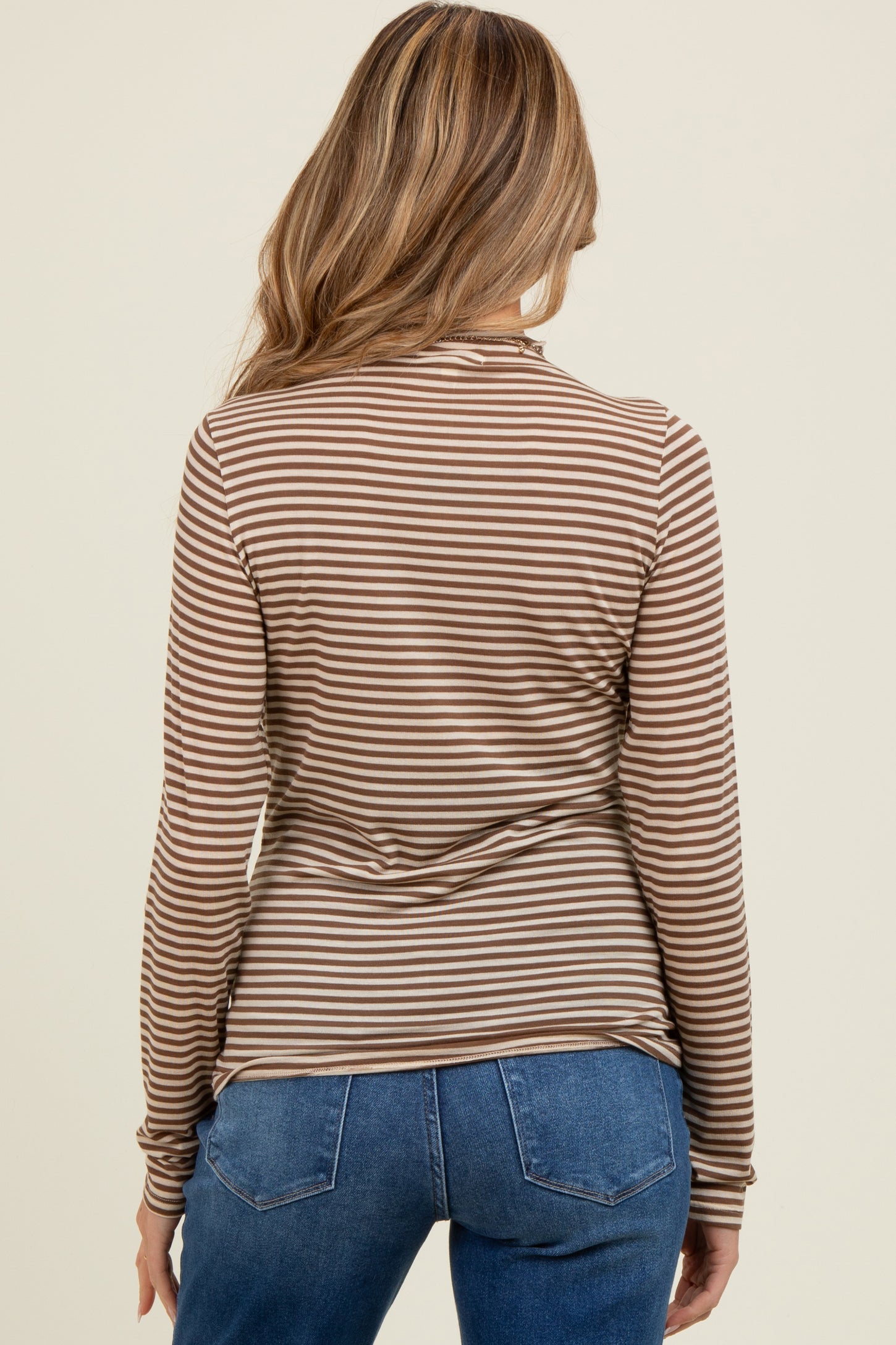 Mocha Striped High Neck Maternity Long Sleeve Top