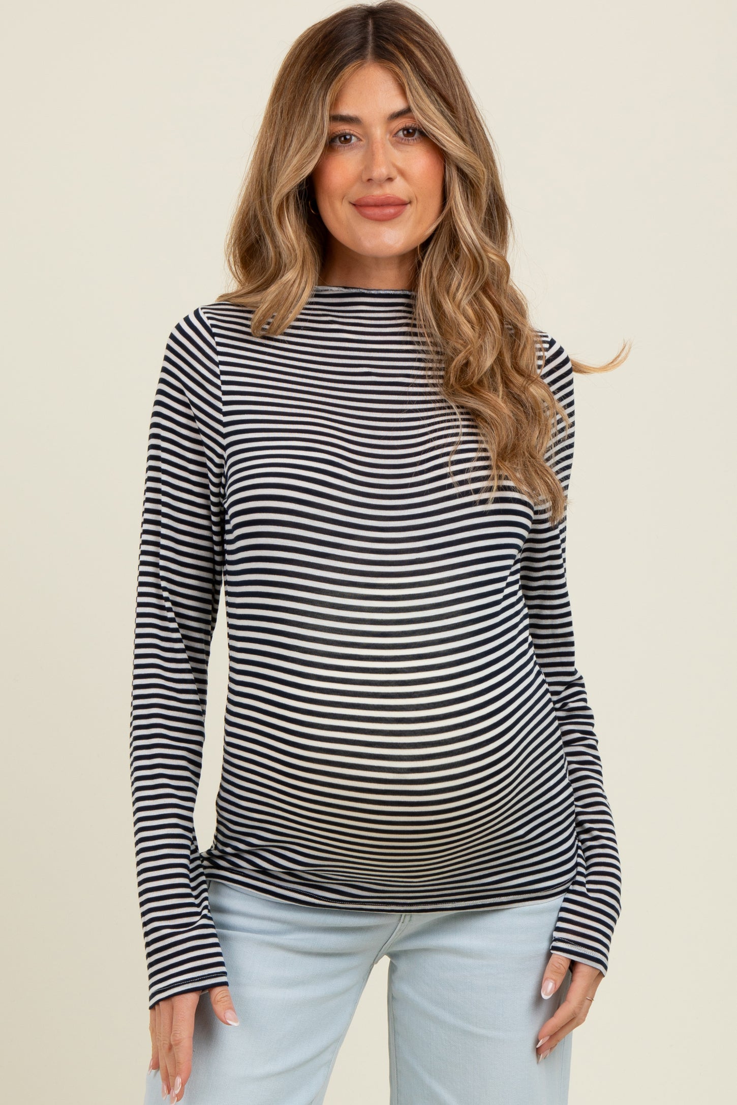 Navy Striped High Neck Maternity Long Sleeve Top
