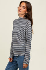 Navy Striped High Neck Long Sleeve Top