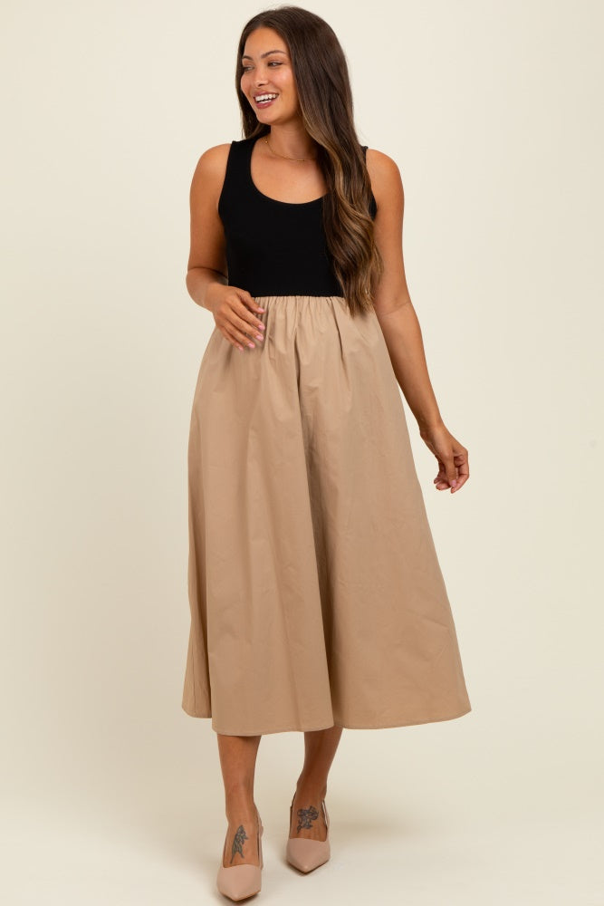 Black Knit Contrast Top Sleeveless Maternity Midi Dress