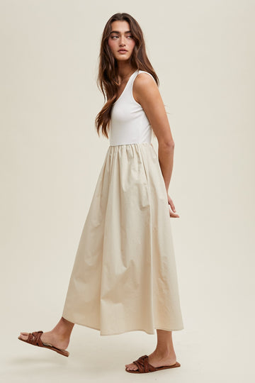 White Knit Contrast Top Sleeveless Midi Dress