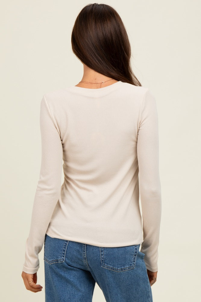 Cream Ribbed Long Sleeve Top