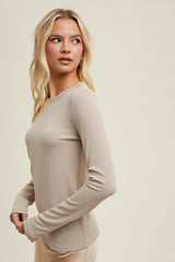 Beige Ribbed Long Sleeve Top
