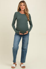 Green Ribbed Maternity Long Sleeve Top