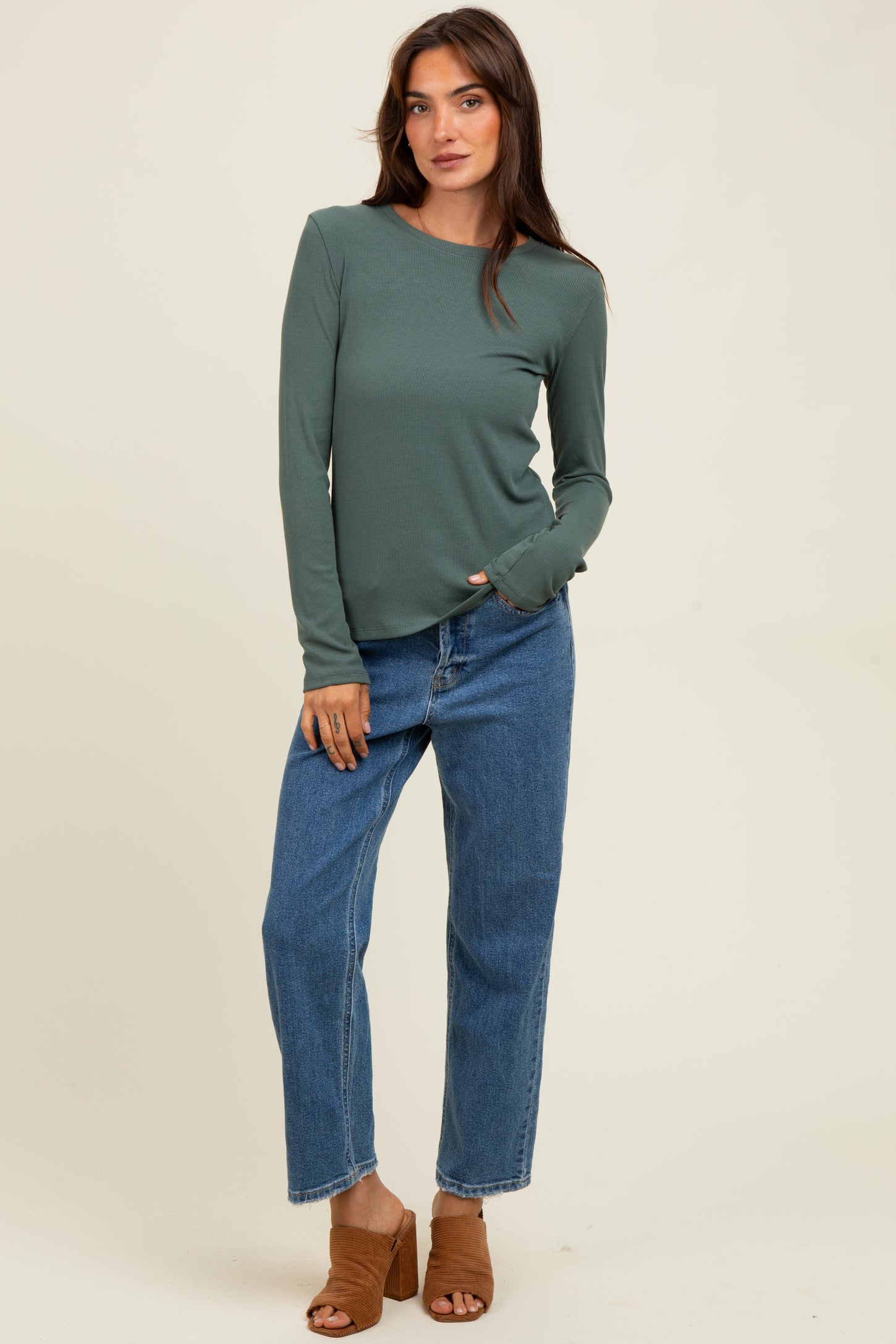 Green Ribbed Long Sleeve Top