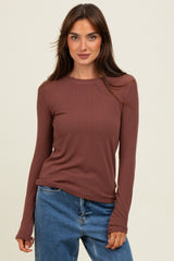 Brown Ribbed Maternity Long Sleeve Top