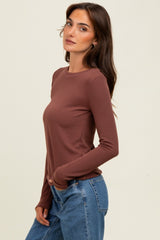 Brown Ribbed Long Sleeve Top