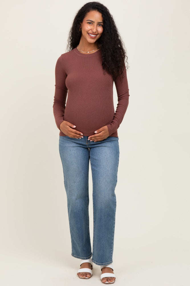 Brown Ribbed Maternity Long Sleeve Top