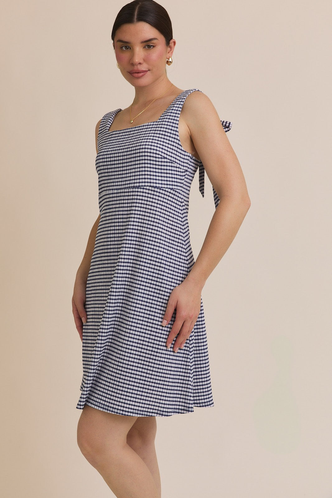Navy Gingham Square Neck Bow Strap Dress