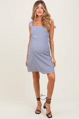 Navy Gingham Square Neck Bow Strap Maternity Dress