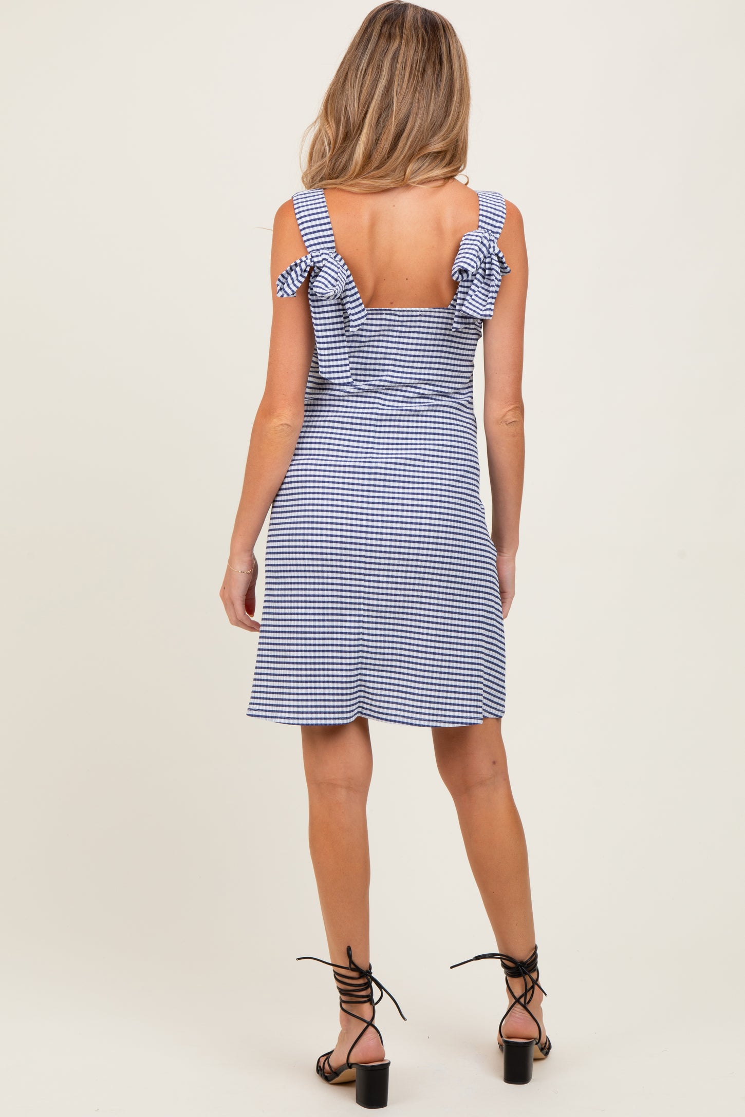 Navy Gingham Square Neck Bow Strap Maternity Dress