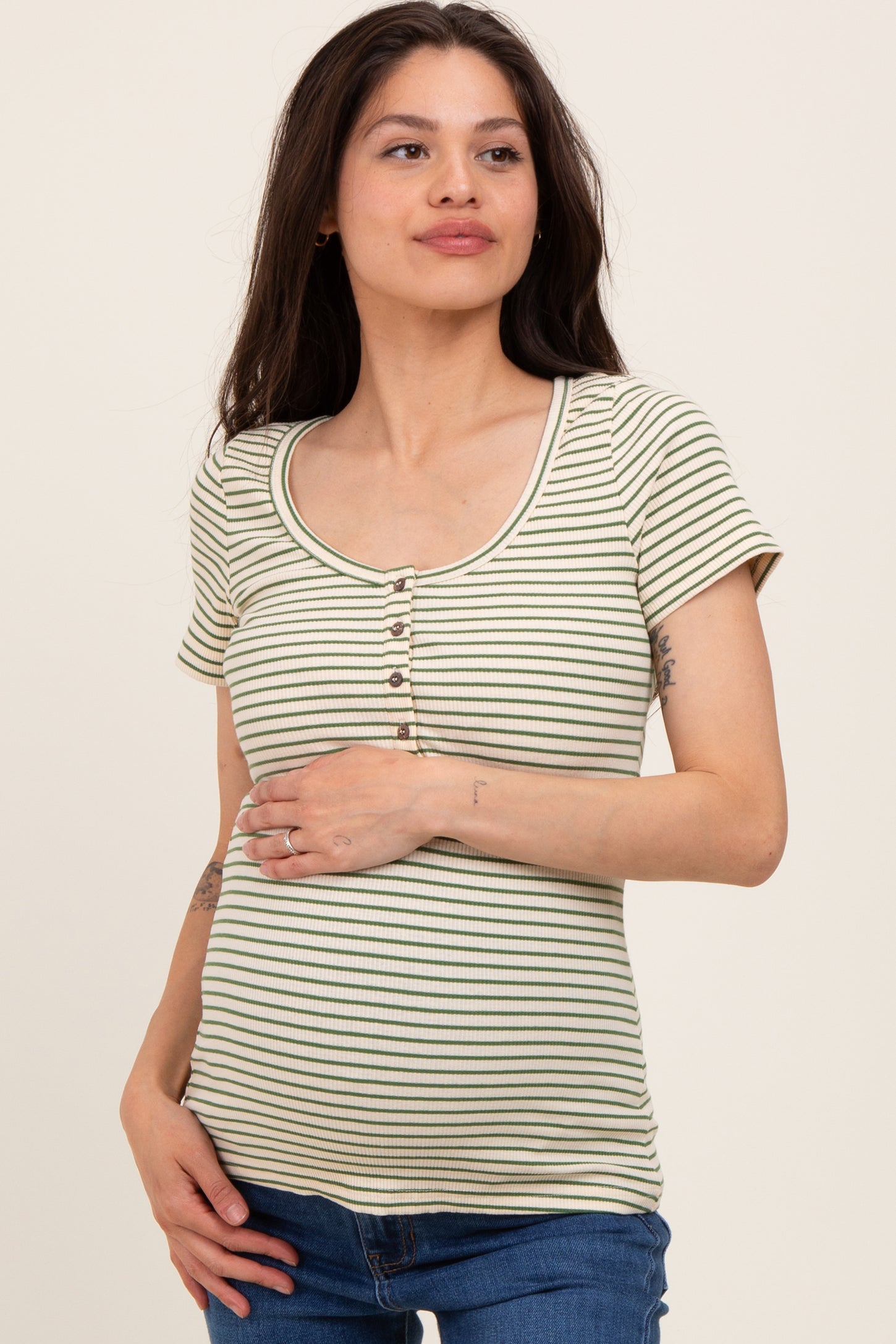 Green Striped Fitted Short Sleeve Maternity Top