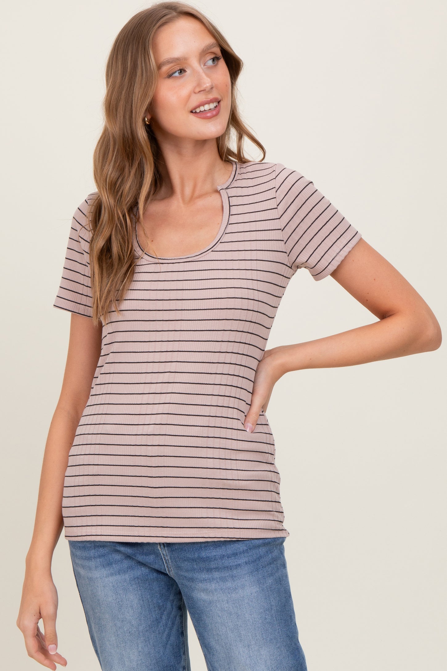 Mocha Ribbed Striped Short Sleeve Top