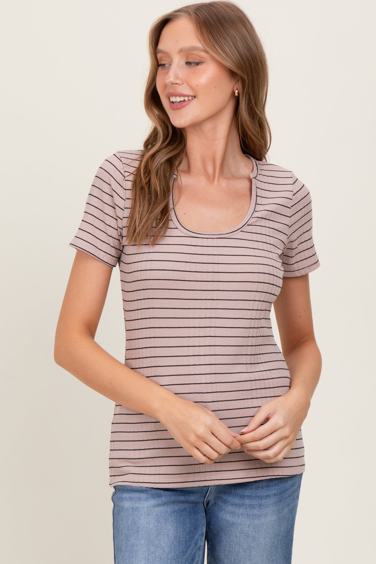 Mocha Ribbed Striped Short Sleeve Top