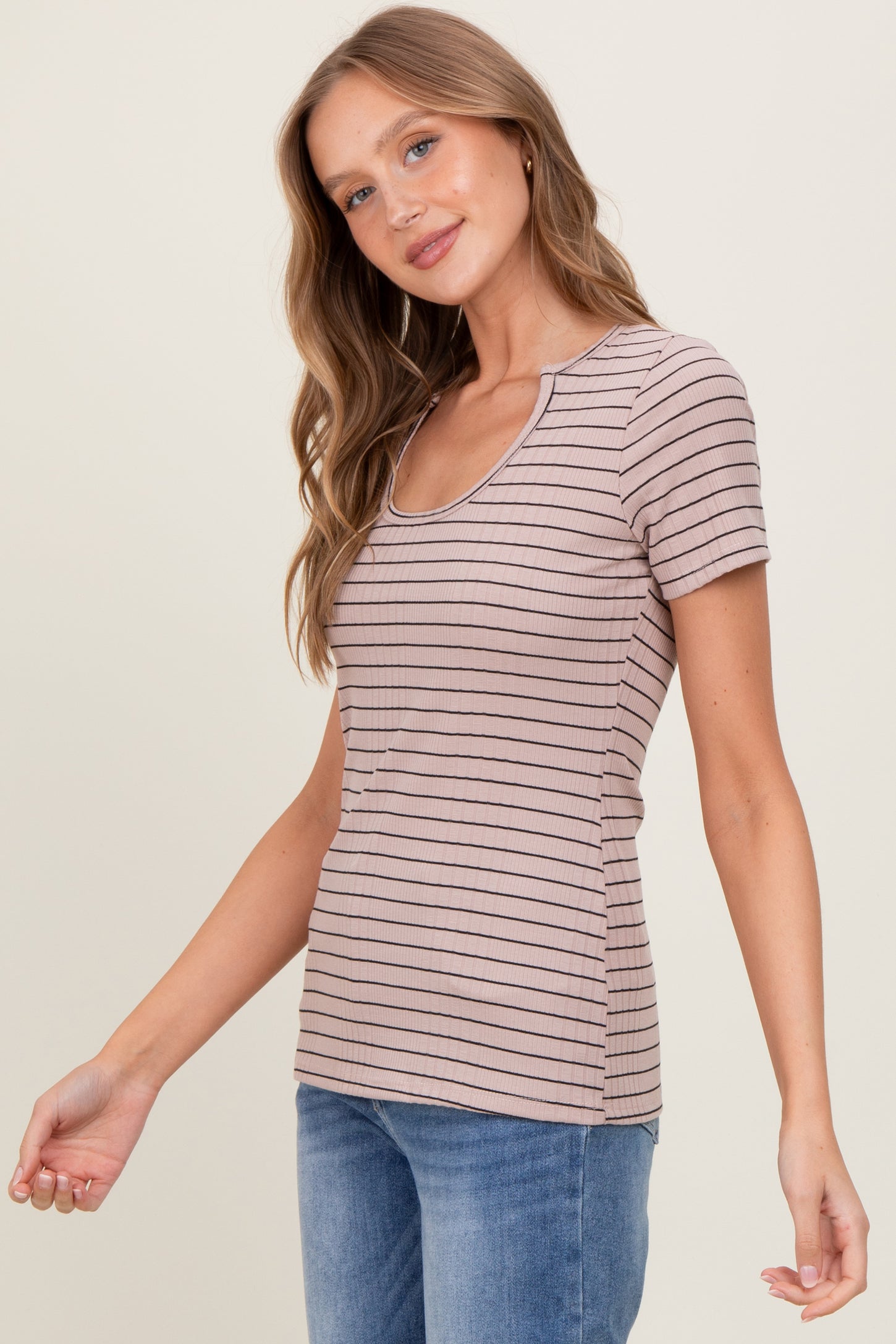 Mocha Ribbed Striped Short Sleeve Top