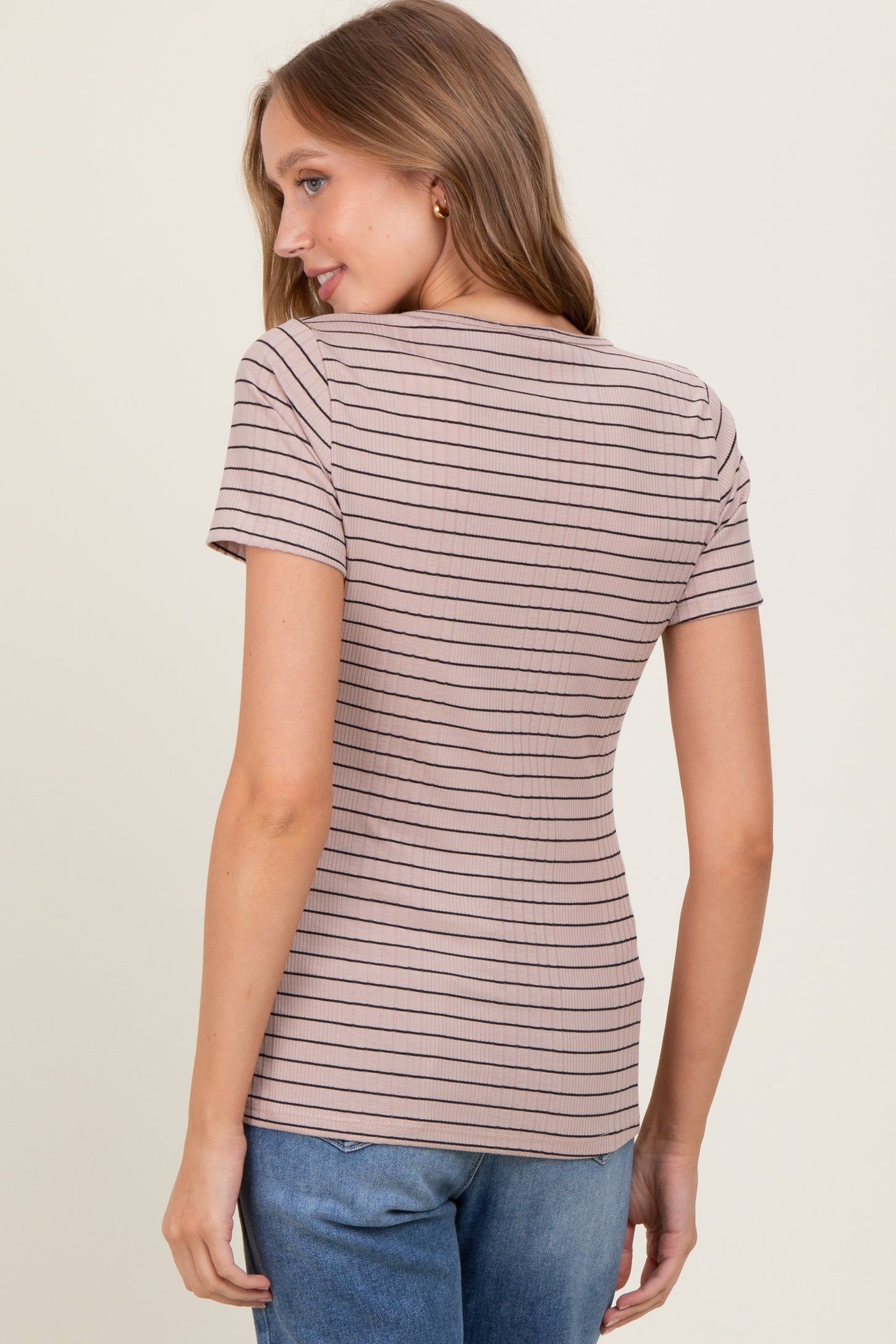 Mocha Ribbed Striped Short Sleeve Top