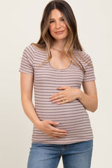 Mocha Ribbed Striped Short Sleeve Maternity Top