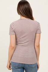 Mocha Ribbed Striped Short Sleeve Maternity Top