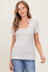 Cream Ribbed Striped Short Sleeve Maternity Top
