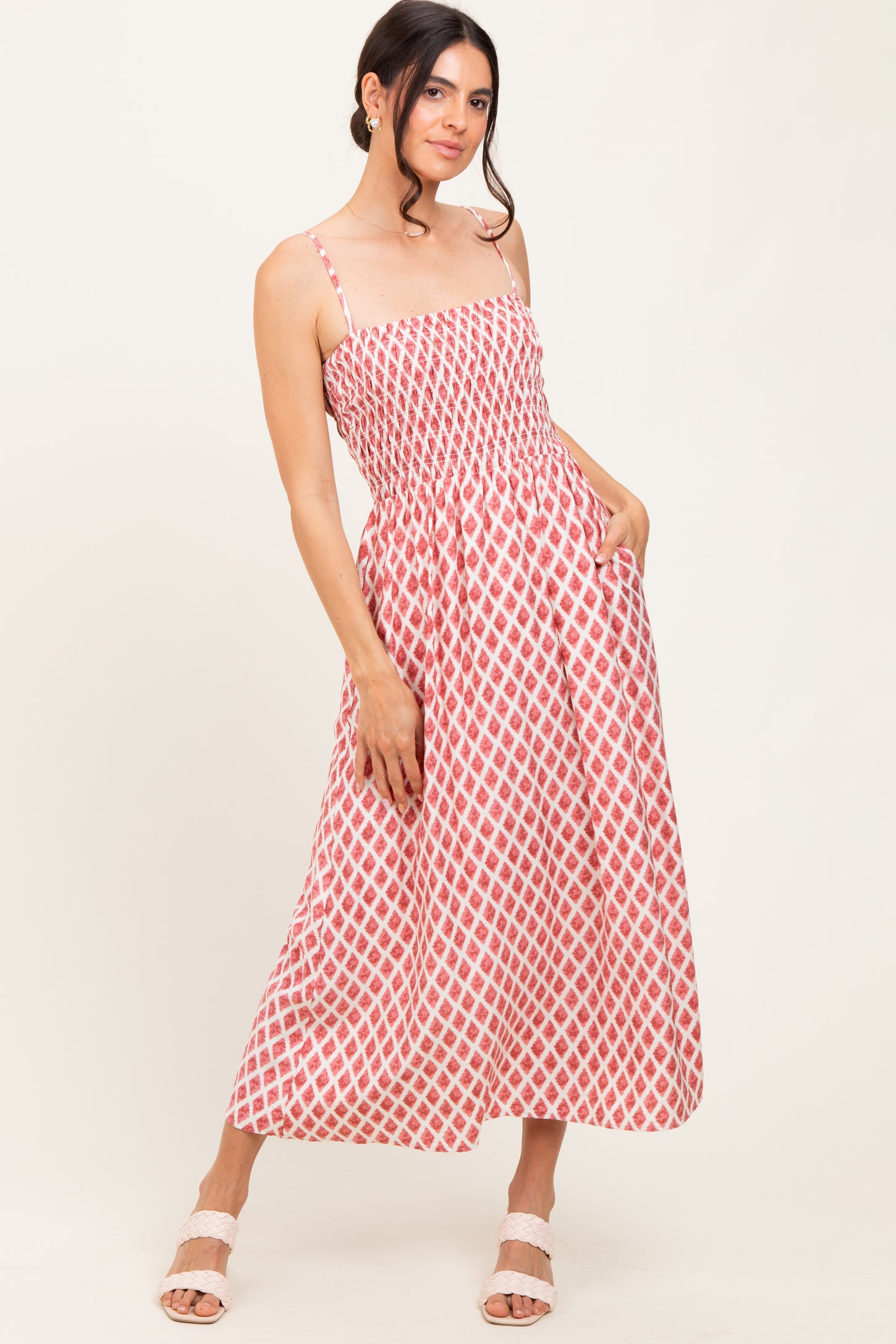 Pink Diamond Print Smocked Midi Dress
