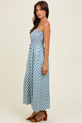 Blue Diamond Print Smocked Midi Dress