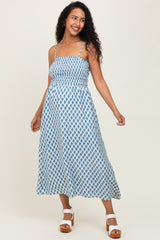 Blue Diamond Print Smocked Maternity Midi Dress
