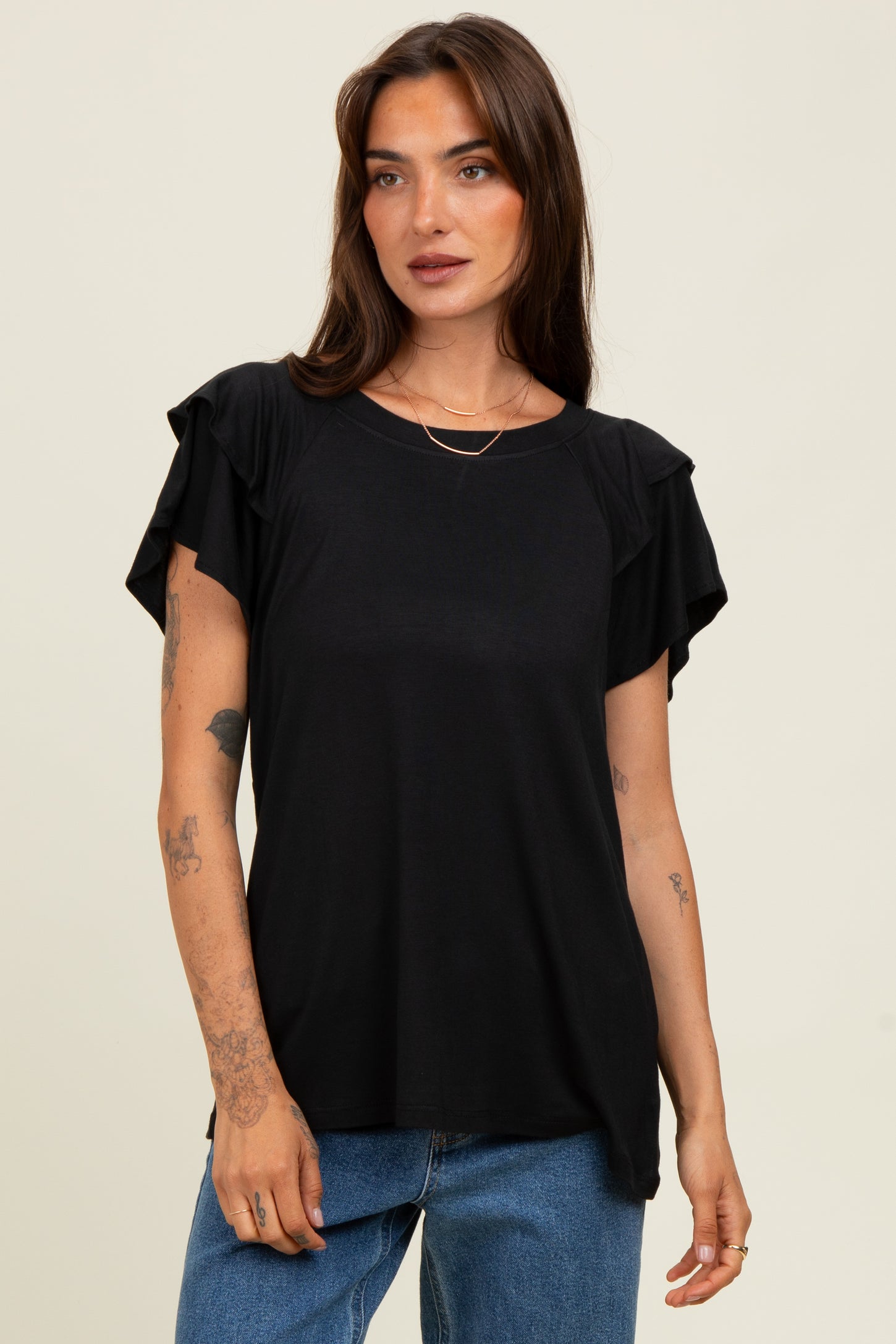 Black Double Ruffle Sleeve T-Shirt