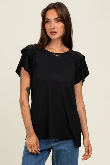 Black Double Ruffle Sleeve T-Shirt