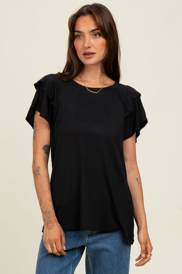 Black Double Ruffle Sleeve T-Shirt