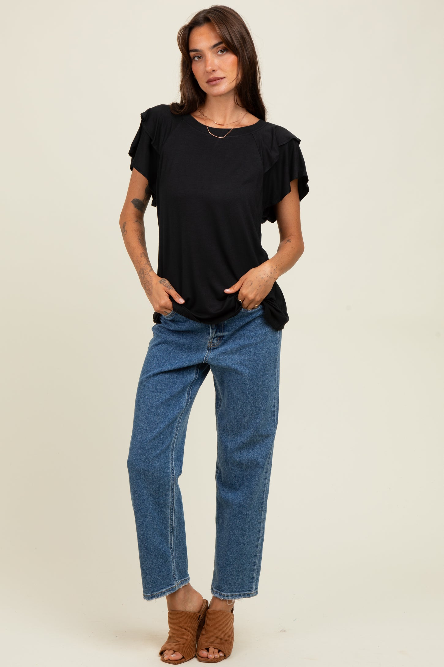 Black Double Ruffle Sleeve T-Shirt