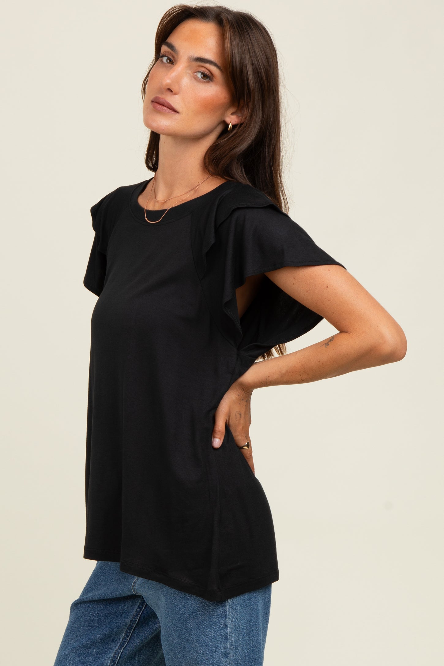 Black Double Ruffle Sleeve Maternity T-Shirt