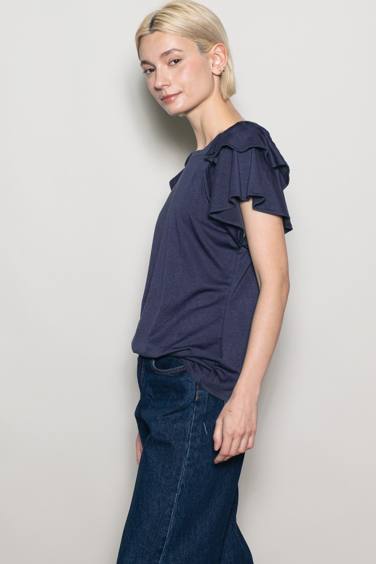 Navy Double Ruffle Sleeve T-Shirt
