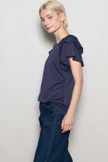 Navy Double Ruffle Sleeve T-Shirt