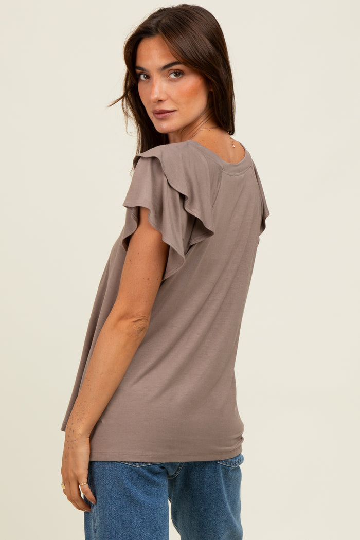 Taupe Double Ruffle Sleeve T-Shirt