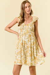 Yellow Floral Ruffle Sleeve Tiered Mini Dress