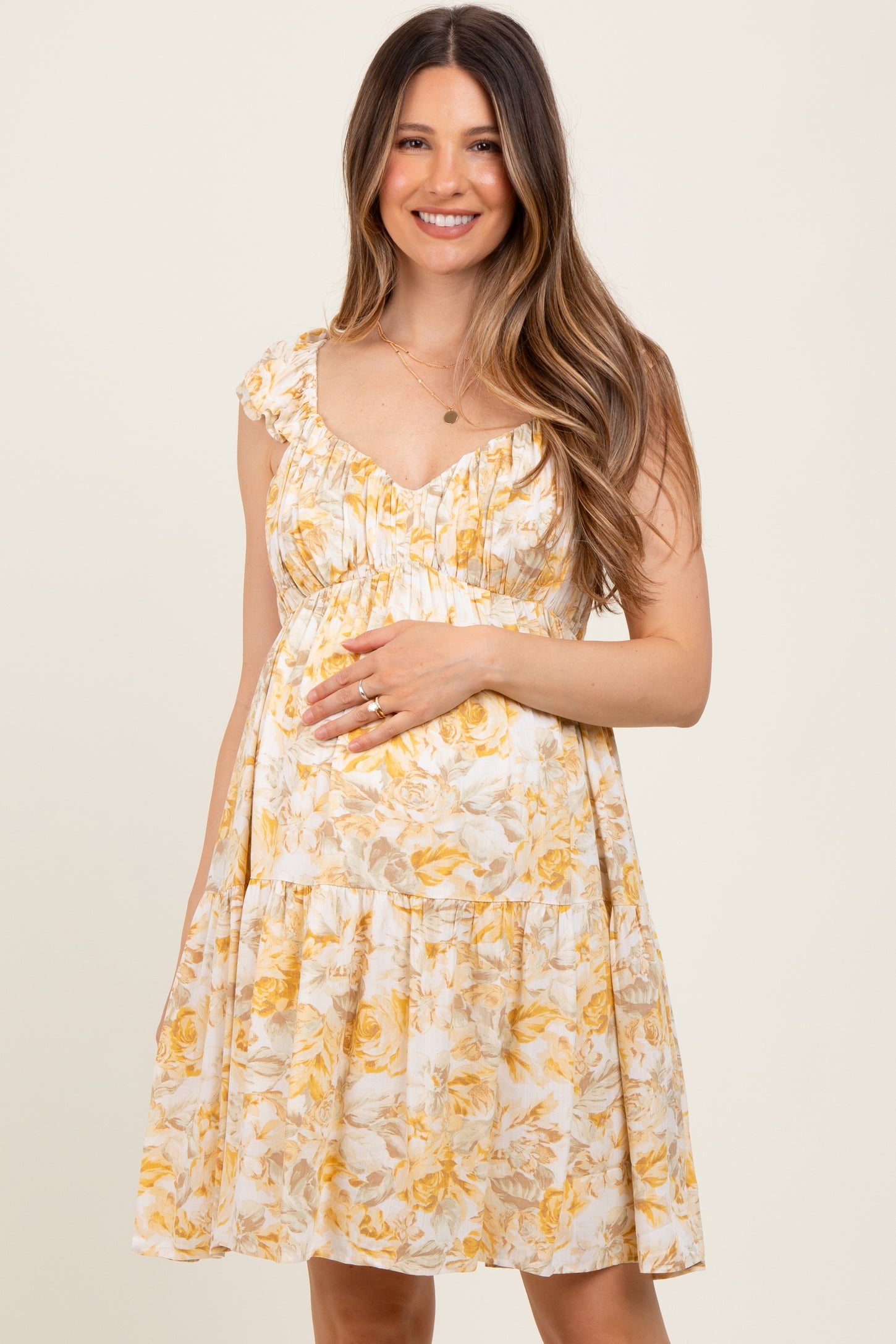 Yellow Floral Ruffle Sleeve Tiered Maternity Mini Dress