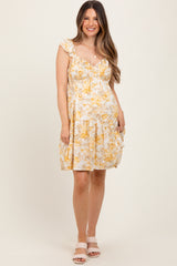Yellow Floral Ruffle Sleeve Tiered Maternity Mini Dress
