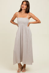 Grey Smocked Cotton Gauze Maternity Midi Dress