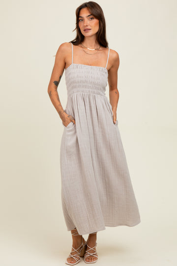 Grey Smocked Cotton Gauze Midi Dress