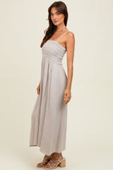 Grey Smocked Cotton Gauze Midi Dress