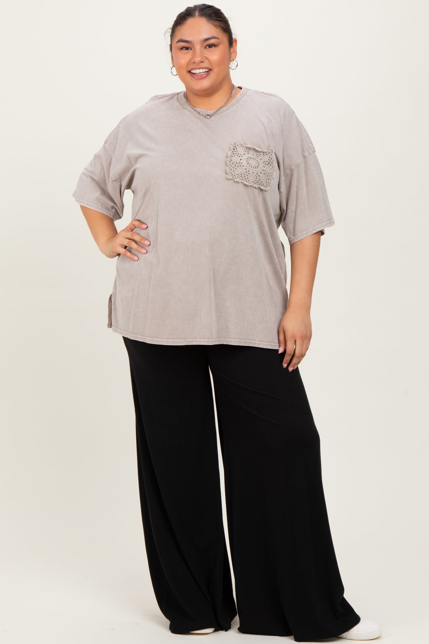 Taupe Mineral Wash Crochet Pocket Maternity Plus Top